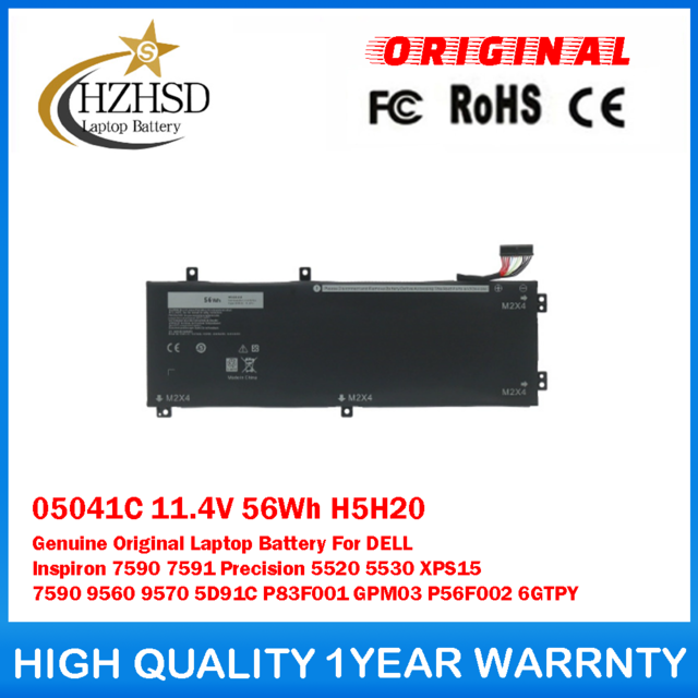 05041C 11.4V 56Wh 4865mAh H5H20 Genuine Original Laptop Battery For DELL Inspiron 7590 7591 Precision 5520 5530 XPS15 7590 9560 9570 5D91C P83F001 GPM03 P56F002 6GTPY
