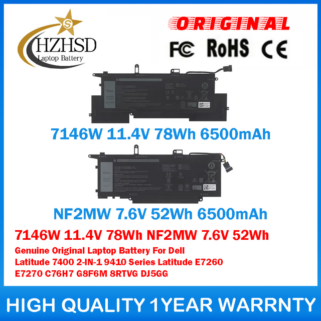 7146W 11.4V 78Wh NF2MW 7.6V 52Wh Genuine Original Laptop Battery For Dell Latitude 7400 2-IN-1 9410 Latitude E7260 E7270 C76H7 G8F6M 8RTVG DJ5GG