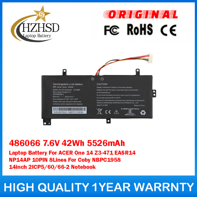 486066 7.6V 42Wh 5526mAh Laptop Battery For ACER One 14 Z3-471 EASR14 NP14AP 10PIN 8Lines For Coby NBPC1958 14inch 2ICP5/60/66-2 Notebook
