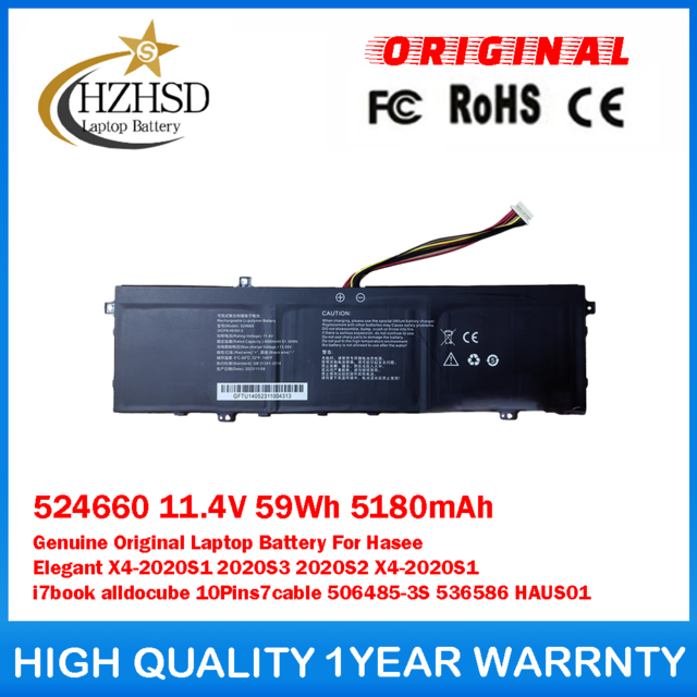 524660 11.4V 59Wh 5180mAh Genuine Original Laptop Battery For Hasee Elegant X4-2020S1 2020S3 2020S2 X4-2020S1 i7book Alldocube 10Pins7cable 506485-3S 536586 HAUS01