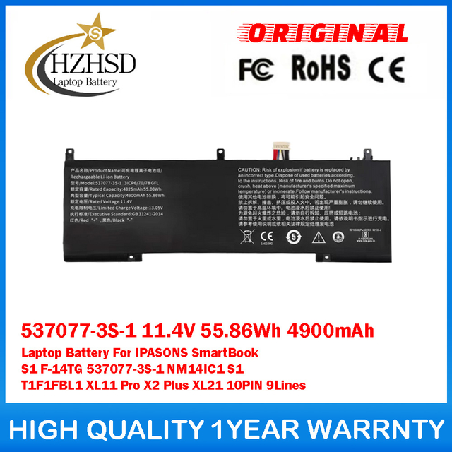537077-3S-1 11.4V 55.86Wh 4900mAh Laptop Battery For IPASONS SmartBook S1 F-14TG 537077-3S-1 NM14IC1 S1 T1F1FBL1 XL11 Pro X2 Plus XL21 10PIN 9Lines