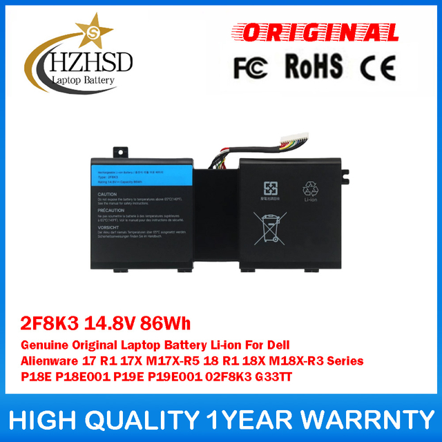 2F8K3 14.8V 86Wh 8Cell Genuine Original Laptop Battery Li-ion For Dell Alienware 17 R1 17X M17X-R5 18 R1 18X M18X-R3 Series P18E P18E001 P19E P19E001 02F8K3 G33TT