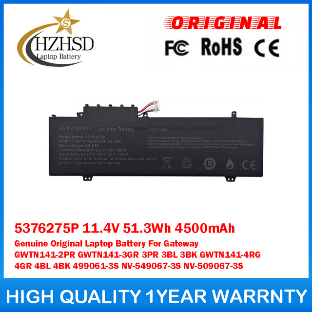 5376275P 11.4V 51.3Wh 4500mAh Genuine Original Laptop Battery For Gateway GWTN141-2PR GWTN141-3GR 3PR 3BL 3BK GWTN141-4RG 4GR 4BL 4BK 499061-3S NV-549067-3S NV-509067-3S