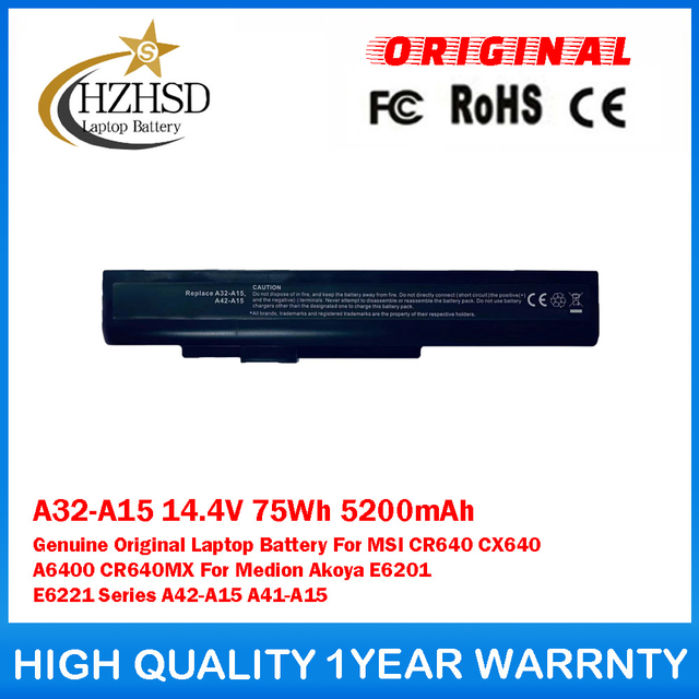 A32-A15 14.4V 75Wh 5200mAh Genuine Original Laptop Battery For MSI CR640 CX640 A6400 CR640MX For Medion Akoya E6201 E6221 Series A42-A15 A41-A15
