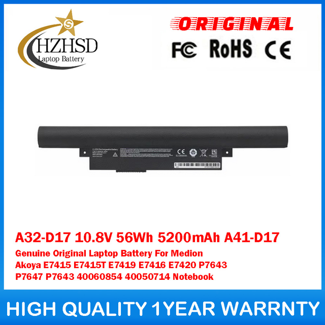 A32-D17 10.8V 56Wh 5200mAh A41-D17 Genuine Original Laptop Battery For Medion Akoya E7415 E7415T E7419 E7416 E7420 P7643 P7647 P7643 40060854 40050714 Notebook