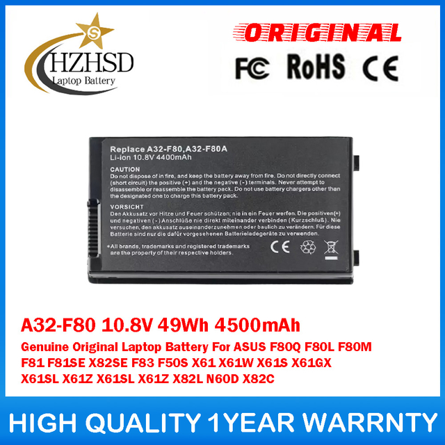 A32-F80 10.8V 49Wh 4500mAh Genuine Original Laptop Battery For ASUS F80Q F80L F80M F81 F81SE X82SE F83 F50S X61 X61W X61S X61GX X61SL X61Z X61SL X61Z X82L N60D X82C