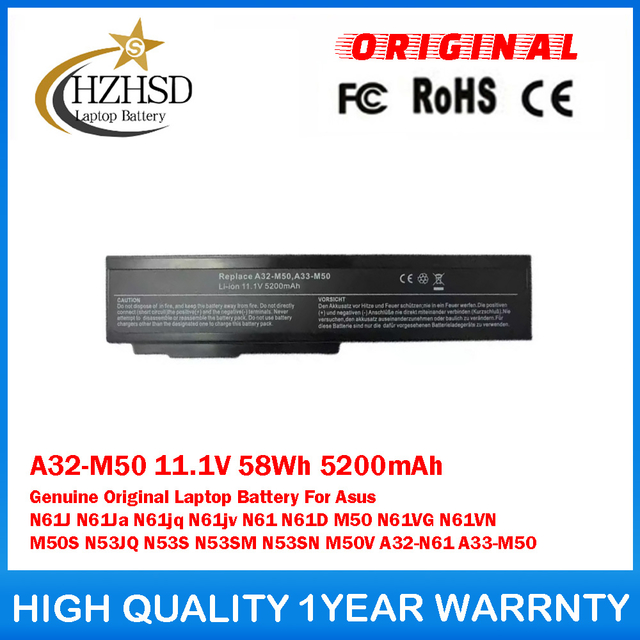 A32-M50 11.1V 58Wh 5200mAh Genuine Original Laptop Battery For Asus N61J N61JA N61JQ N61 N61D M50 M50S M50V N53S A32-N61 A33-M50 N61JV N61VG N61VN N53JQ N53SM N53SN