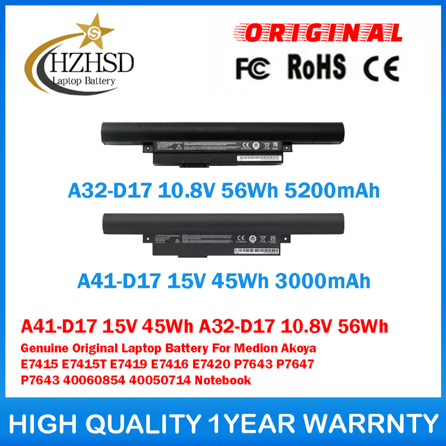 A41-D17 15V 45Wh 3000mAh A32-D17 Genuine Original Laptop Battery For Medion Akoya E7415 E7415T E7416 E7419 Erazer P7644/48/43/47 MD99852 MD99310