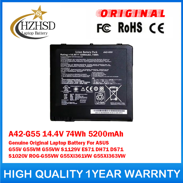 A42-G55 14.4V 74Wh 5200mAh Genuine Original Laptop Battery For ASUS G55V G55VM G55VW S1129V ES71 DH71 DS71 S1020V ROG-G55VW G55XI361VW G55XI363VW