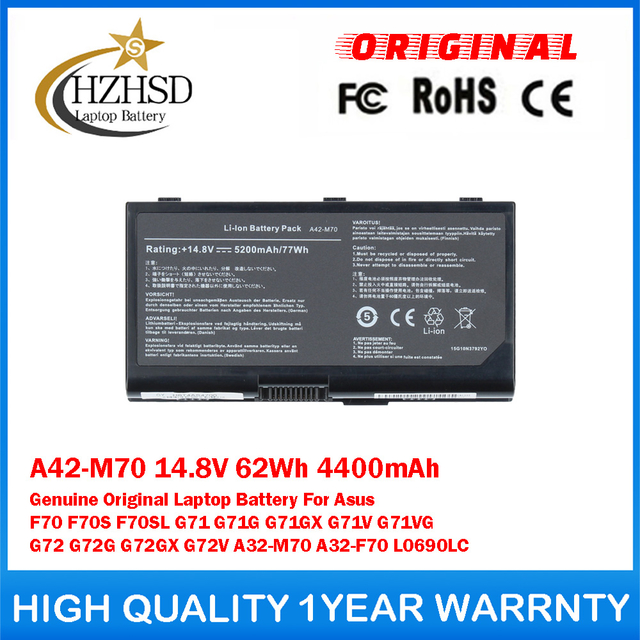 A42-M70 14.8V 62Wh 4400mAh Genuine Original Laptop Battery For Asus F70 F70S F70SL G71 G71G G71GX G71V G71VG G72 G72G G72GX G72V A32-M70 A32-F70 L0690LC