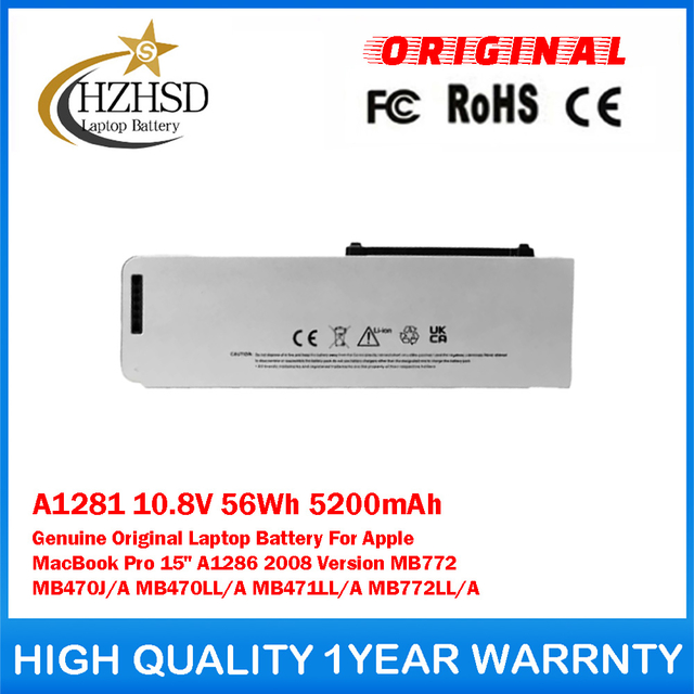 A1281 10.8V 56Wh 5200mAh Genuine Original Laptop Battery For Apple MacBook Pro 15