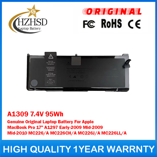 A1309 7.4V 95Wh Genuine Original Laptop Battery For Apple MacBook Pro 17