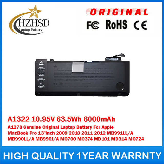 A1322 10.95V 63.5Wh 6000mAh A1278 Genuine Original Laptop Battery For Apple MacBook Pro 13