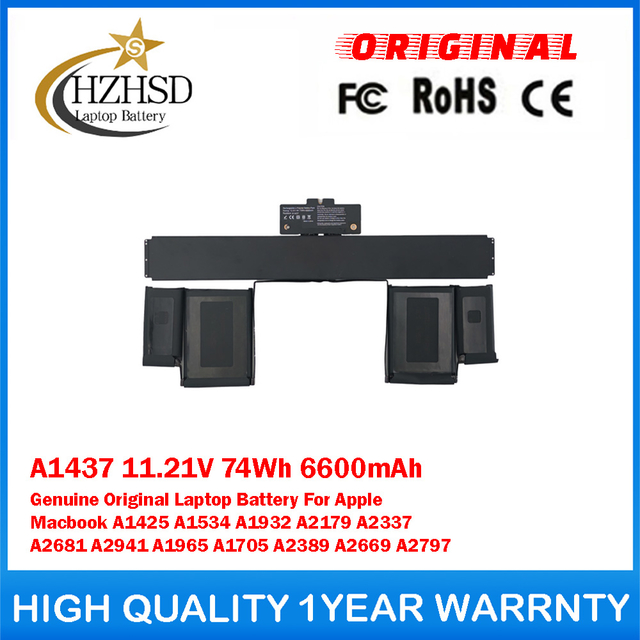 A1437 11.21V 74Wh 6600mAh Genuine Original Laptop Battery For Apple Macbook Pro Retina 13
