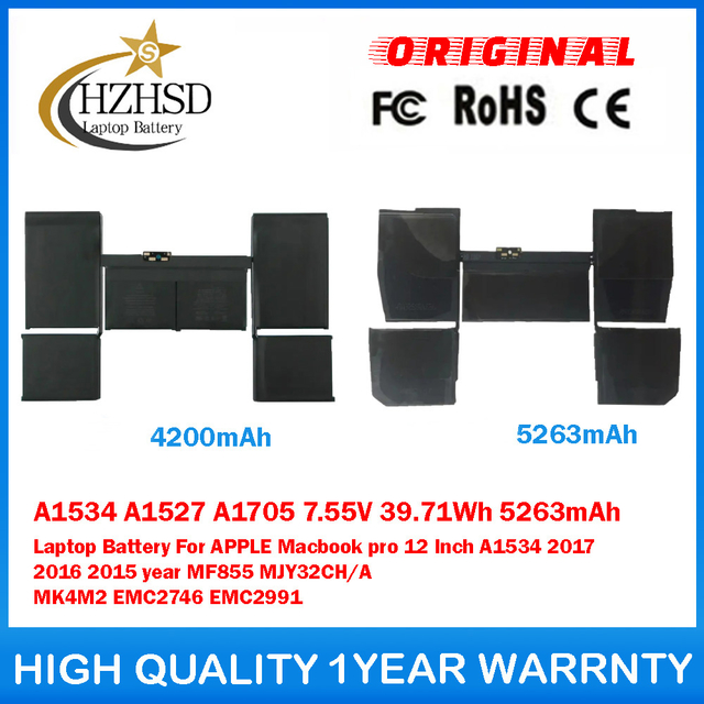 A1534 A1527 A1705 7.55V 39.71Wh 5263mAh Laptop Battery For APPLE Macbook pro 12 Inch A1534 2017 2016 2015 year MF855 MJY32CH/A MK4M2 EMC2746 EMC2991