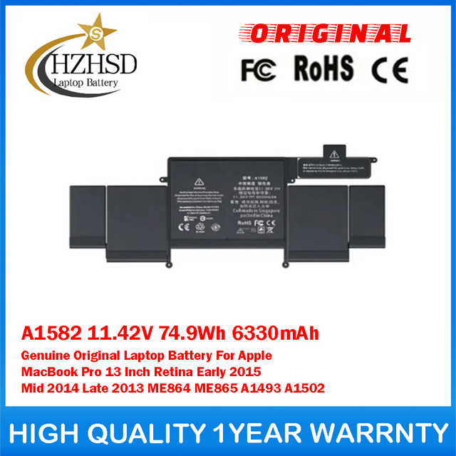 A1582 11.42V 74.9Wh 6330mAh Genuine Original Laptop Battery For Apple MacBook Pro 13 Inch Retina Early 2015 Mid 2014 Late 2013 ME864 ME865 A1493 A1502