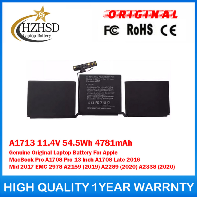 A1713 11.4V 54.5Wh 4781mAh Genuine Original Laptop Battery For Apple MacBook Pro A1708 Pro 13 Inch A1708 Late 2016 Mid 2017 EMC 2978 A2159 (2019) A2289 (2020) A2338 (2020)