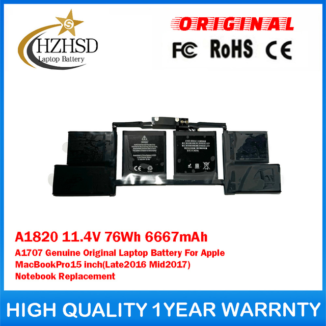 A1820 11.4V 76Wh 6667mAh A1707 Genuine Original Laptop Battery For Apple MacBook Pro 15 inch (Late 2016, Mid 2017) Touch Bar EMC 3162 3072 Series