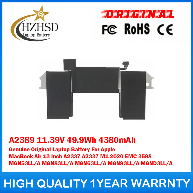 A2389 11.39V 49.9Wh 4380mAh Genuine Original Laptop Battery For Apple MacBook Air 13 Inch A2337 A2337 M1 2020 EMC 3598 MGN53LL/A MGN83LL/A MGN63LL/A MGN93LL/A MGND3LL/A