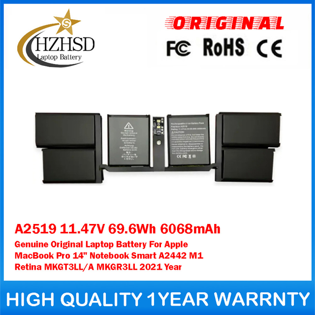 A2519 11.47V 69.6Wh 6068mAh Genuine Original Laptop Battery For Apple MacBook Pro 14