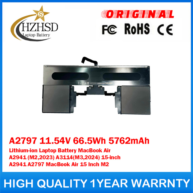 A2797 11.54V 66.5Wh 5762mAh Genuine Original Lithium-ion Laptop Battery For Apple MacBook Air A2941 (M2,2023) A3114(M3,2024) 15-inch A2941 A2797 MacBook Air 15 Inch M2