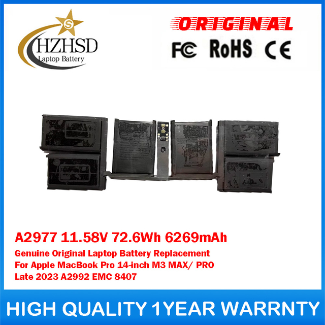 A2977 11.58V 72.6Wh 6269mAh Genuine Original Laptop Battery Replacement For Apple MacBook Pro 14-inch M3 MAX/PRO Late 2023 A2992 EMC 8407