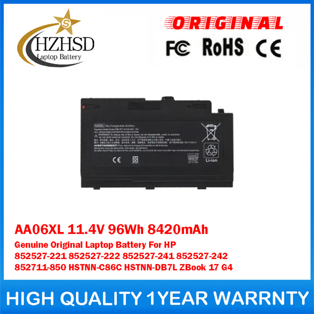 AA06XL 11.4V 96Wh 8420mAh Genuine Original Laptop Battery For HP 852527-221\222\241\242 852711-850 HSTNN-C86C HSTNN-DB7L ZBook17 G4