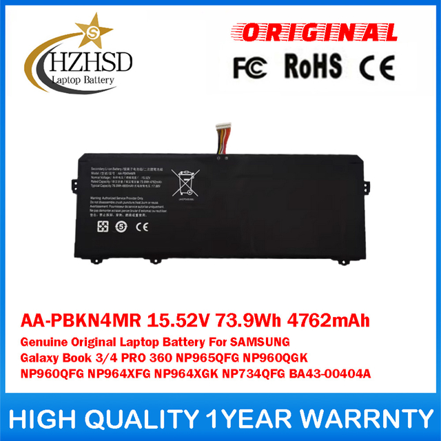 AA-PBKN4MR 15.52V 73.9Wh 4762mAh Genuine Original Laptop Battery For SAMSUNG Galaxy Book 3/4 PRO 360 NP965QFG NP960QGK NP960QFG NP964XFG NP964XGK NP734QFG BA43-00404A
