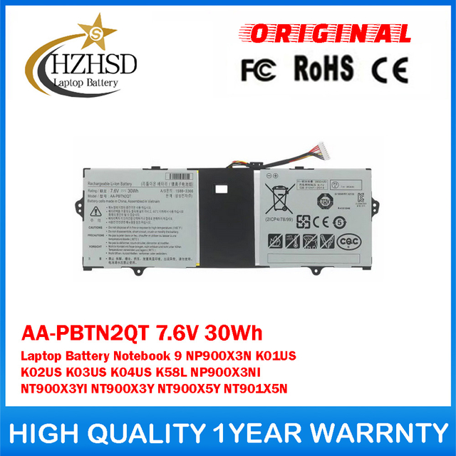 AA-PBTN2QT 7.6V 30Wh Genuine Original Laptop Battery For Samsung Notebook 9 NP900X3N K01US K02US K03US K04US K58L NP900X3NI NT900X3YI NT900X3Y NT900X5Y NT901X5N