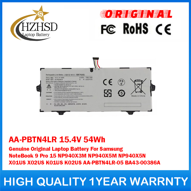 AA-PBTN4LR 15.4V 54Wh Genuine Original Laptop Battery For Samsung NoteBook 9 Pro 15 NP940X3M NP940X5M NP940X5N X01US X02US K01US K02US AA-PBTN4LR-05 BA43-00386A