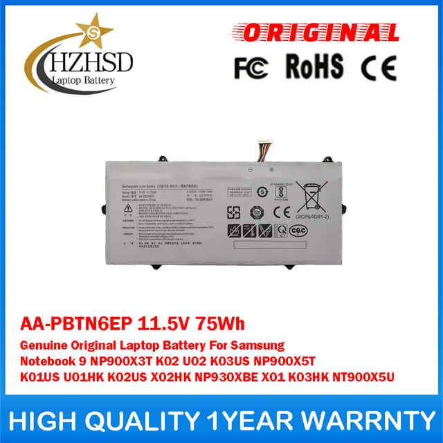 AA-PBTN6EP 11.5V 75Wh Genuine Original Laptop Battery For Samsung Notebook 9 NP900X3T K02 U02 K03US NP900X5T K01US U01HK K02US X02HK NP930XBE X01 K03HK NT900X5U