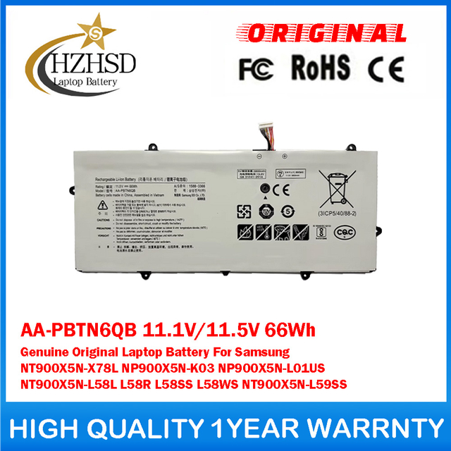 AA-PBTN6QB 11.1V/11.5V 66Wh Genuine Original Laptop Battery For Samsung NT900X5N-X78L NP900X5N-K03 NP900X5N-L01US NT900X5N-L58L L58R L58SS L58WS NT900X5N-L59SS