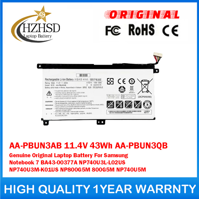 AA-PBUN3AB 11.4V 43Wh 3870mAh AA-PBUN3QB Genuine Original Laptop Battery For Samsung Notebook 7 BA43-00377A NP740U3L-L02US NP740U3M-K01US NP800G5M 800G5M NP740U5M