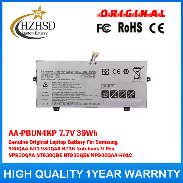 AA-PBUN4KP 7.7V 39Wh Genuine Original Laptop Battery For Samsung 930QAA-K01 930QAA-K716 Notebook 9 Pen NP930QAA NT930QBE NT930QBV NP930QAA-K01C