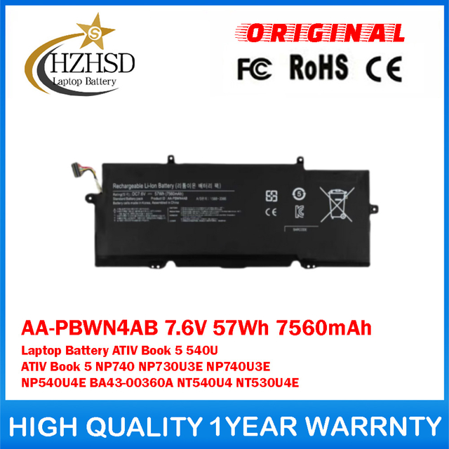 AA-PBWN4AB 7.6V 57Wh 7560mAh Genuine Original Laptop Battery For Samsung ATIV Book 5 540U ATIV Book 5 NP740 NP730U3E NP740U3E NP540U4E BA43-00360A NT540U4 NT530U4E