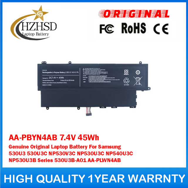 AA-PBYN4AB 7.4V 45Wh Genuine Original Laptop Battery For Samsung 530U3 530U3C NP530V3C NP530U3C NP540U3C NP530U3B Series 530U3B-A01 AA-PLWN4AB