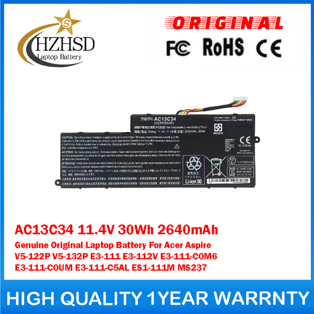 AC13C34 11.4V 30Wh 2640mAh Genuine Original Laptop Battery For Acer Aspire V5-122P V5-132P E3-111 E3-112V E3-111-C0M6 E3-111-C0UM E3-111-C5AL ES1-111M MS237