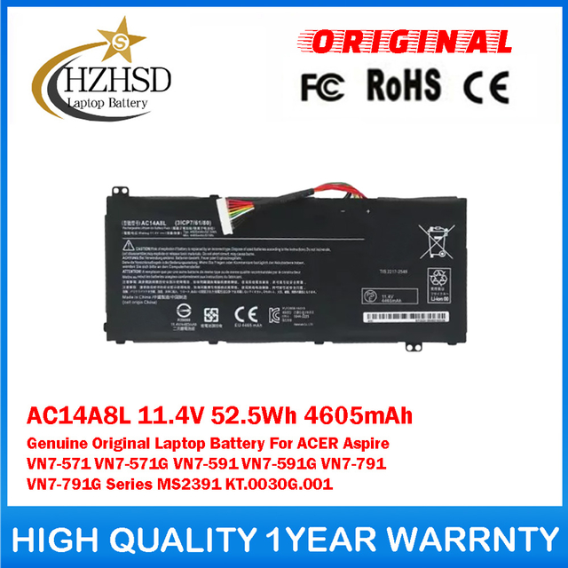 AC14A8L 11.4V 52.5Wh 4605mAh Genuine Original Laptop Battery For ACER Aspire VN7-571 VN7-571G VN7-591 VN7-591G VN7-791 VN7-791G Series MS2391 KT.0030G.001