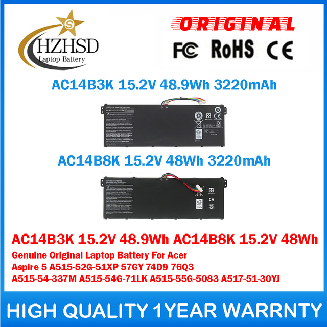 AC14B3K 15.2V 48.9Wh AC14B8K 15.2V 48Wh Genuine Original Laptop Battery For Acer Aspire 5 A515-52G-51XP 57GY 74D9 76Q3 A515-54-337M A515-54G-71LK A515-55G-5083 A517-51-30YJ