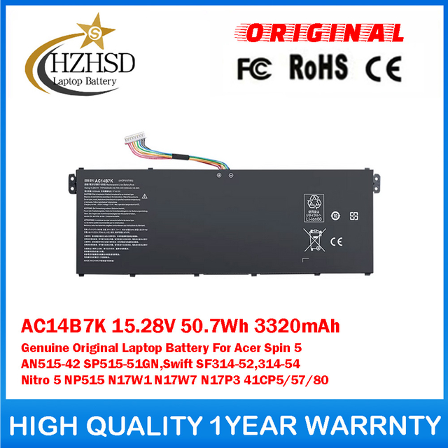 AC14B7K 15.28V 50.7Wh 3320mAh Genuine Original Laptop Battery For Acer Spin 5 AN515-42 SP515-51GN,Swift SF314-52,314-54 Nitro 5 NP515 N17W1 N17W7 N17P3 41CP5/57/80