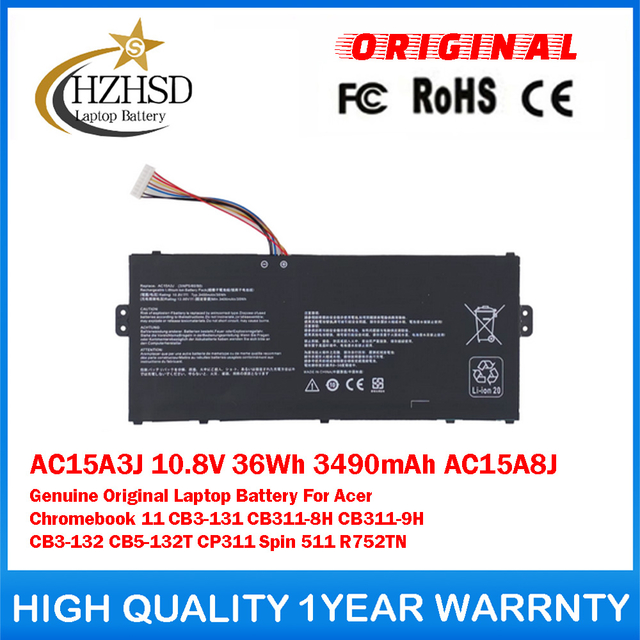 AC15A3J 10.8V 36Wh 3490mAh AC15A8J Genuine Original Laptop Battery For Acer Chromebook 11 CB3-131 CB311-8H CB311-9H CB3-132 CB5-132T CP311 Spin 511 R752TN