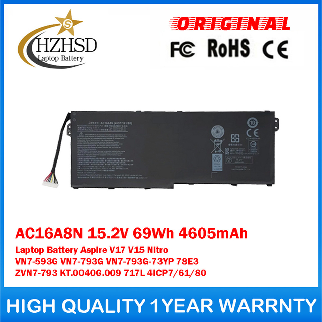 AC16A8N 15.2V 69Wh 4605mAh Genuine Original Laptop Battery For Acer Aspire V17 V15 Nitro VN7-593G VN7-793G VN7-793G-73YP 78E3 VN7-793 KT.0040G.009 717L 4ICP7/61/80