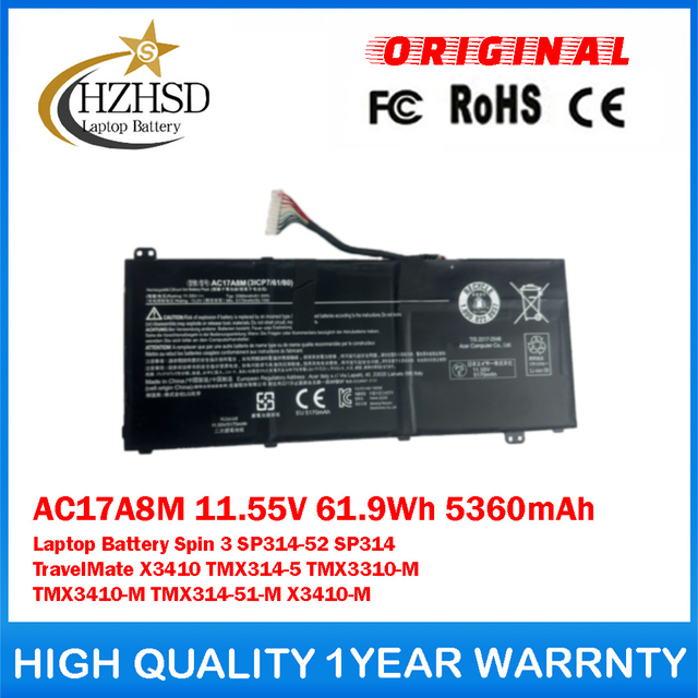 AC17A8M 11.55V 61.9Wh 5360mAh Genuine Original Laptop Battery For Acer Spin 3 SP314-52 SP314 TravelMate X3410 TMX314-5 TMX3310-M TMX3410-M TMX314-51-M X3410-M