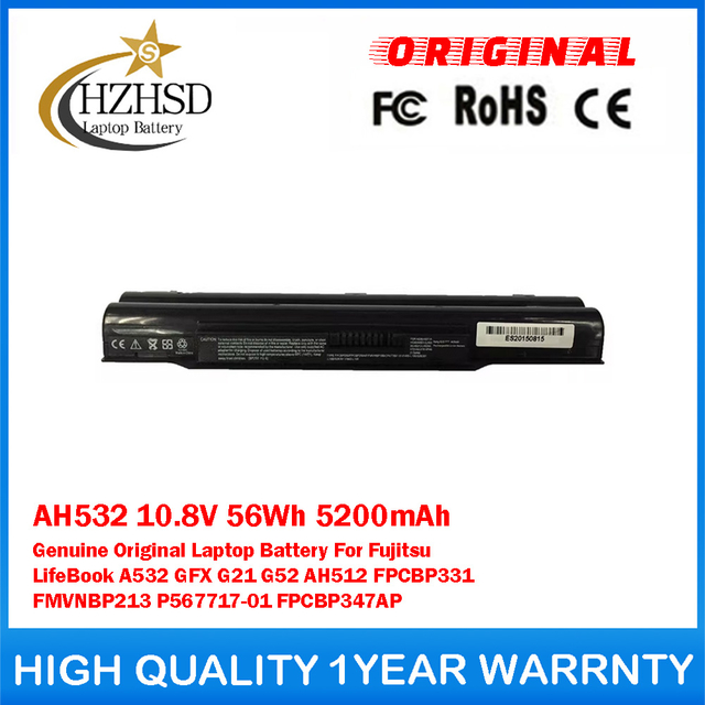 AH532 10.8V 56Wh 5200mAh Genuine Original Laptop Battery For Fujitsu LifeBook A532 GFX G21 G52 AH512 FPCBP331 FMVNBP213 P567717-01 FPCBP347AP