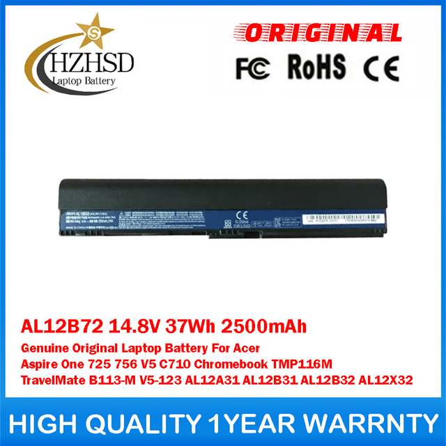 AL12B72 14.8V 37Wh 2500mAh Genuine Original Laptop Battery For Acer Aspire One 725 756 V5 C710 Chromebook TMP116M TravelMate B113-M V5-123 AL12A31 AL12B31 AL12B32 AL12X32