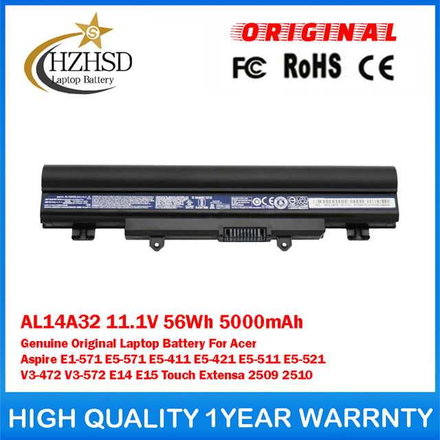 AL14A32 11.1V 56Wh 5000mAh Genuine Original Laptop Battery For Acer Aspire E1-571 E5-571 E5-411 E5-421 E5-511 E5-521 V3-472 V3-572 E14 E15 Touch Extensa 2509 2510