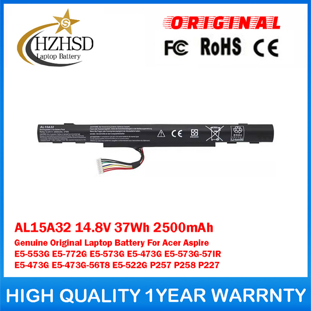 AL15A32 14.8V 37Wh 2500mAh Genuine Original Laptop Battery For Acer Aspire E5-553G E5-772G E5-573G E5-473G E5-573G-57IR E5-473G E5-473G-56T8 E5-522G P257 P258 P227