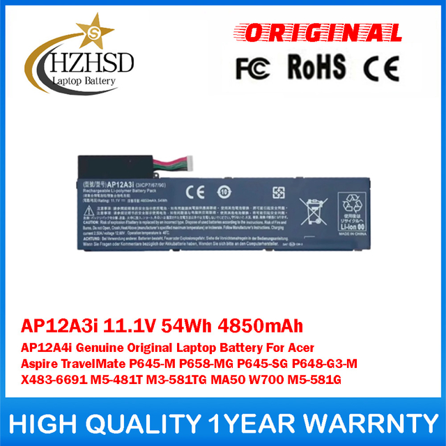 AP12A3i 11.1V 54Wh 4850mAh AP12A4i Genuine Original Laptop Battery For Acer Aspire TravelMate P645-M P658-MG P645-SG P648-G3-M X483-6691 M5-481T M3-581TG MA50 W700 M5-581G