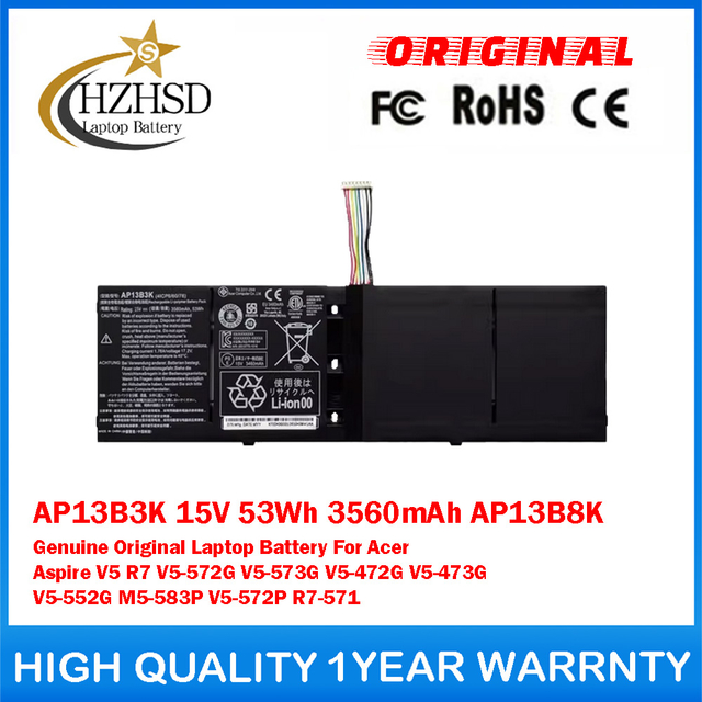 AP13B3K 15V 53Wh 3560mAh AP13B8K Genuine Original Laptop Battery For Acer Aspire V5 R7 V5-572G V5-573G V5-472G V5-473G V5-552G M5-583P V5-572P R7-571