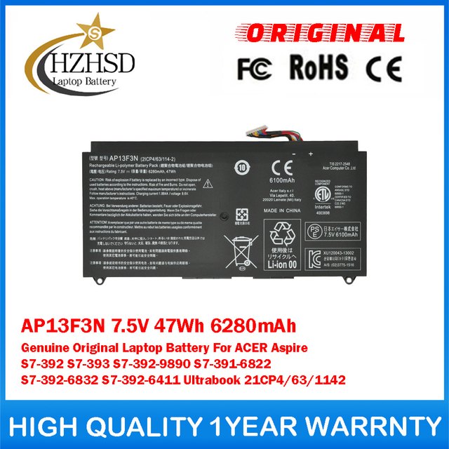 AP13F3N 7.5V 47Wh 6280mAh Genuine Original Laptop Battery For ACER Aspire S7-392 S7-393 S7-392-9890 S7-391-6822 S7-392-6832 S7-392-6411 Ultrabook 21CP4/63/1142